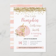 a pink pumpkin birthday party card with gold glitter on the front and bottom, featuring an image of a baby's first pumpkin