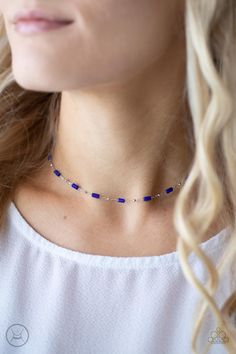 Dainty silver beads and cylindrical blue beads delicately link around the neck, creating a minimalist inspired pop of color. Features an adjustable clasp closure.

Sold as one individual choker necklace. Includes one pair of matching earrings. Cute Choker Necklaces, Blue Choker Necklace, Blue Choker, Happy Jewelry, Chocker Necklace, Neck Choker, Choker Necklace Set, Gold Choker, Blue Necklace