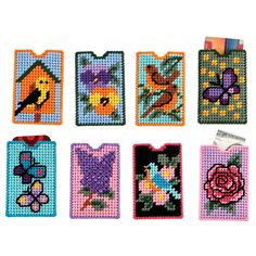 cross - stitch bookmarks with birds and flowers on them are lined up in rows