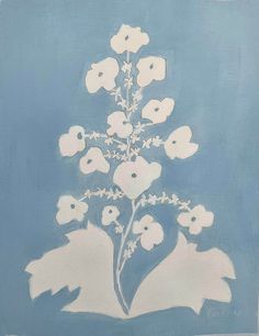 an image of a painting with white flowers on blue background in the shape of a tree