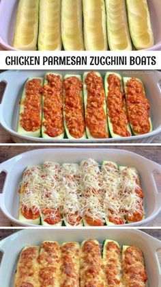 three pictures showing how to make stuffed zucchini boats with chicken parmesan sauce