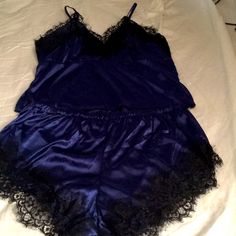 Nwt Navy Blue Two Piece Lingerie With Black Lace Trimming. S Blue Sleeveless Night Camisole, Blue Sleeveless Camisole For Night, Blue Summer Camisole For Night Wear, Blue Camisole For Summer Nights, Blue Summer Night Camisole, Blue Camisole For Night, Dark Blue Lingerie, Lace Pajamas, Cotton Pajama Shorts