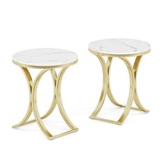 two white marble side tables with gold metal legs and one has a small round top