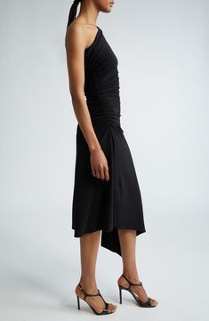 Captivate from and with every angle in this one-shoulder midi featuring an oppositely sloped asymmetric hem and ruching to elegantly enhance the drape. 48" to 58" length (size 12) Hidden side-zip closure One-shoulder neck 95% viscose, 5% elastane Dry clean Made in Italy Designer Clothing Elegant Draped One Shoulder Dress With Ruched Detail, Elegant Ruched One-shoulder Draped Dress, Pre-draped Ruched Asymmetrical Cocktail Dress, Elegant Draped One-shoulder Ruched Dress, Elegant One Shoulder Draped Dress With Ruched Detail, Formal One Shoulder Ruched Asymmetrical Dress, Formal Asymmetrical One-shoulder Ruched Dress, Formal Asymmetrical One Shoulder Ruched Dress, Evening One-shoulder Pre-draped Dress With Ruched Detail