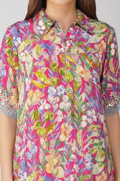 Rani pink tunic all over multi color leaf print, metallic sequin and lace embroidered sleeve borders. Paired with contrast printed cowl draped tulip pant. - Aza Fashions Spring Multicolor Embroidered Floral Kurta, Embroidered Multicolor Tunic Kurta, Fitted Multicolor Floral Print Kurta, Multicolor Digital Print Semi-stitched Kurta, Multicolor Floral Tunic Kurta, Tulip Pants, Pink Tunic, Print Tunic, Fashion App