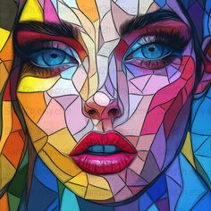 a woman's face is made up of many different colored shapes and colors, including blue