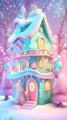 a blue and pink house in the middle of a snow covered forest with christmas lights