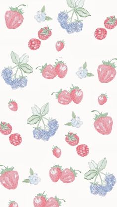 a white background with strawberries and blueberries on it's side, all in different colors