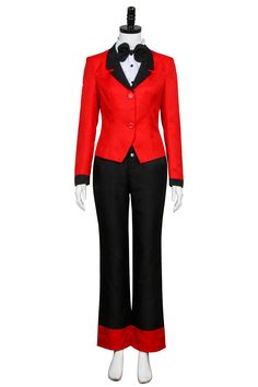 a mannequin wearing a red and black tuxedo suit