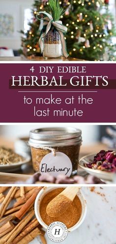 the four edible gifts to make at the last minute are in jars and cinnamon sticks