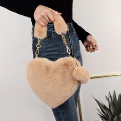 Cute Plush Heart Shaped Bag Small School Bags, Novelty Handbags, Heart Shaped Bag, Kawaii Bag, Chain Crossbody Bag, Cute Plush, Girl Backpacks, Shoulder Messenger Bag, Pink Beige