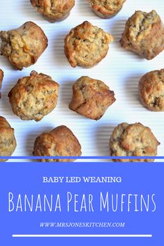 baby led weaning banana pear muffins on a blue and white background