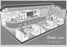 a drawing of a restaurant with tables and chairs in the center, on a gray background