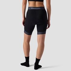 the back view of a woman in black cycling shorts