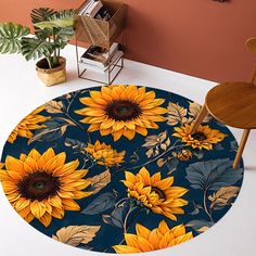 a sunflower rug on the floor next to a chair