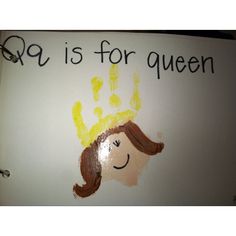 a child's handprint with the words q is for queen on it and a smiling face