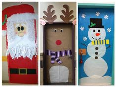 three doors decorated to look like santa claus, snowman and rudolph the red nosed reindeer