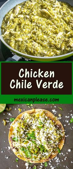 chicken chile verde in a skillet with shredded cheese and cilantro on the side