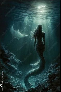 a mermaid with long hair standing in the water