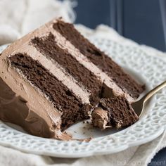 a slice of chocolate cake on a white plate with a fork in front of it