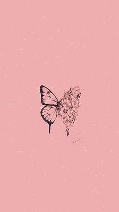 a drawing of a butterfly on a flower in the air, with pink and black background