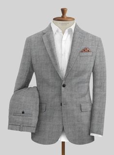 Crafted for the contemporary trendsetter, our suit embodies sophistication and individuality, calling out to those who seek to break free from the mundane. Fashioned from pure linen, the Solbiati Gray Glen Linen Suit features a refined plaid pattern in a chic gray hue with hints of blue color, seamlessly blending comfort with refinement. So shop for this style and effortlessly traverse both formal and semi-formal occasions alike.      About Solbiati Pericle Collection :  A blend of artisan craftsmanship and the finest linen, designed for those who cherish classic elegance with a modern twist. Our collection offers unparalleled comfort and impeccable style. With the freedom to explore vibrant textures and colors, from sophisticated two-tone twills to lively mélange patterns, Pericle is the Modern Fitted Linen Suits, Formal Linen Sets With Suit Collar, Wedding Linen Sets With Notch Lapel, Luxury White Linen Suits, Wedding Linen Set With Notch Lapel, Tailored Elegant Linen Three-piece Suit, Tailored Elegant Three-piece Linen Suit, Elegant Semi-formal Linen Sets, Semi-formal Linen Sets With Notch Lapel