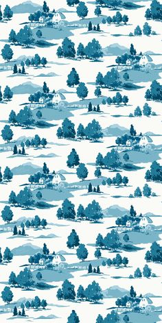 a blue and white wallpaper with trees on it