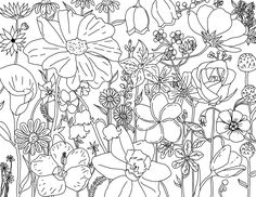 a black and white drawing of flowers with lots of leaves on the bottom right side