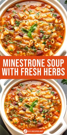 two bowls of minestone soup with fresh herbs on top and the same bowl in front