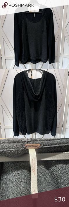 Free People Lace Inset Hoodie in Heathered Black Lace Inset, Long Sleeve Lace, Raw Edge, Free People Tops, Round Neckline, Free People, Long Sleeves, Lace