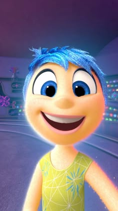 an animated cartoon character with blue hair and big eyes, smiling at the camera while wearing a yellow shirt