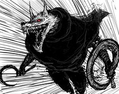 a black and white drawing of a monster riding a bike with red eyes on it's face