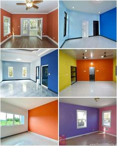 four different pictures of an empty room with multiple colors on the walls and ceiling fan