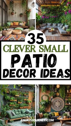 an outdoor patio decorated with plants and potted plants is featured in this collage