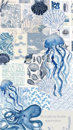 an octopus and jellyfish collage is shown in blue