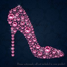 a high heeled shoe made up of pink crystal beads on a dark blue background