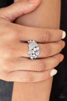 Varying in shape and size, a refined collision of purple and white rhinestones clash into a dazzling clustered centerpiece atop the finger. Features a dainty stretchy band for a flexible fit. Sold as one individual ring. Purple Ring, Purple Rings, Silver Frames, Sparkling Rings, Ball Necklace, Paparazzi Accessories, White Rhinestone, Rings Cool, Paparazzi Jewelry