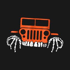 an orange jeep with skeleton hands on it