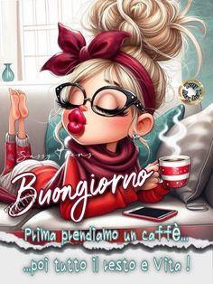 a cartoon girl with glasses and a red nose holding a coffee cup in her hand