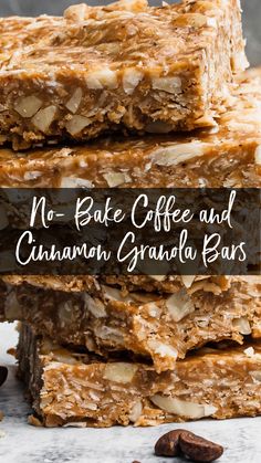 no bake coffee and cinnamon granola bars stacked on top of each other