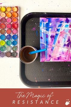 the magic of resistance painting with acrylic paints and watercolors on a tray