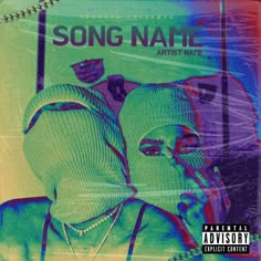 the cover art for song name, featuring two people in green and purple masks with one person