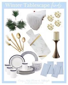 a collage of winter tablescape items including plates, cups, napkins and candles