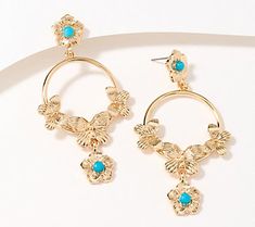 Celebrate warmer weather with these gorgeous drop earrings that feature floral and butterfly motifs. From Susan Graver. Susan Graver, White Turquoise, Ear Piercings, Silver Tone, Floral Design, Gold Tones, Jewelry Earrings, Turquoise, Drop Earrings