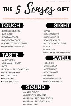 the 5 senses gift list with text