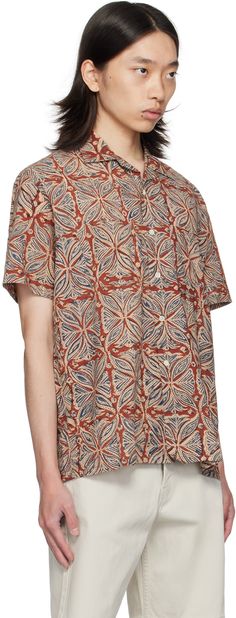 Boxy-fit nep cotton poplin shirt. Graphic pattern hand-block-printed throughout. · Open spread collar · Button closure · Patch pockets · Twin pleats at back yoke Supplier color: Vermillion Block Print Shirt, Beams Plus, Cotton Poplin Shirt, Batik Prints, Beach Shirts, Poplin Shirt, Check Shirt, Graphic Patterns, Shirt Pattern