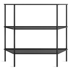 the shelf is black and has three shelves on each side, one with an open bottom