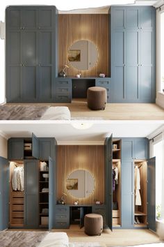 two pictures of a bedroom with blue cupboards and white walls, one is open to reveal the closet