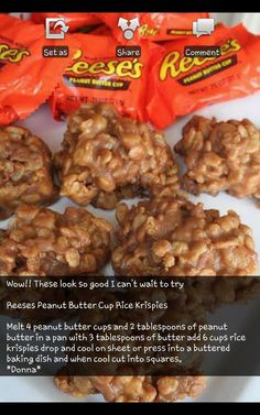 some kind of food that is on a plate with candy bars in the background and an ad for reese's peanut butter cup krispies