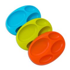 three different colored plastic bowls with lids